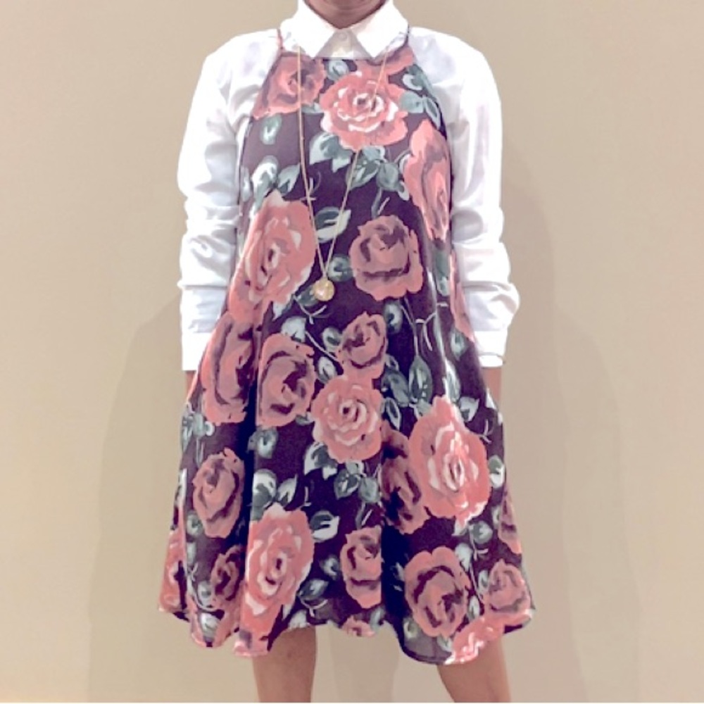 High Neck Floral Midi Dress with Pockets Small